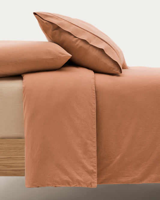 Set Caline de housses de couette et taies d'oreiller 100 % coton percale terracotta pour lit de 180 cm