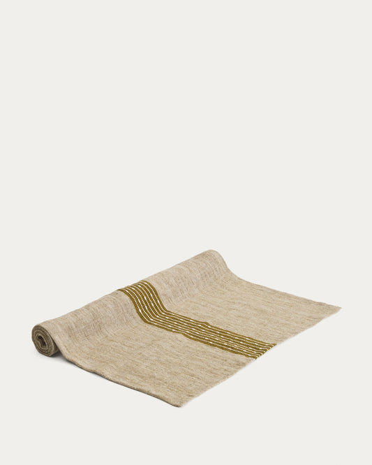 Chemin de table Calena en jacquard de lin avec bande centrale verte 50 x 150 cm