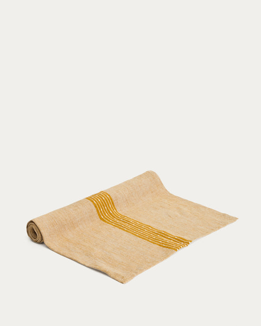 Chemin de table Calena en jacquard de lin avec bande centrale moutarde 50 x 150 cm