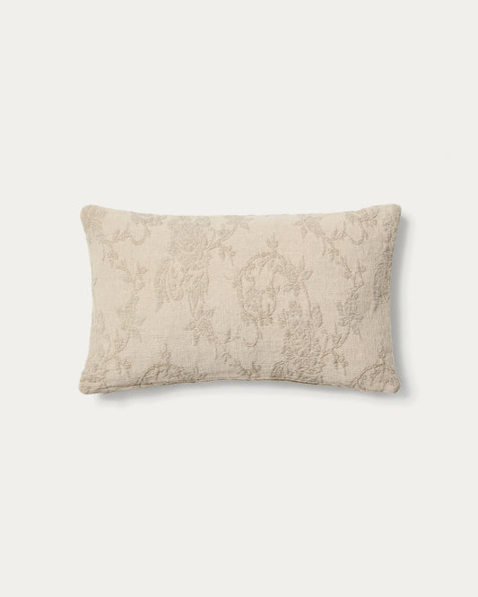 Housse de coussin Velina en jacquard de lin lavé fleuri beige 30 x 50 cm
