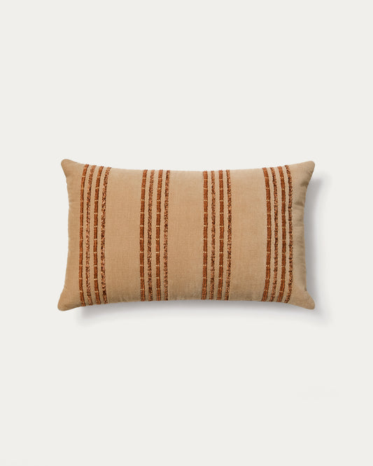 Housse de coussin Amela en velours avec rayures brodées beiges 50 x 30 cm