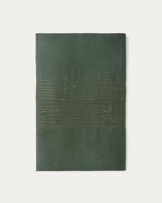 Tovaglia Flia in lino e cotone verde con ricamo in lurex verde 150 x 250 cm