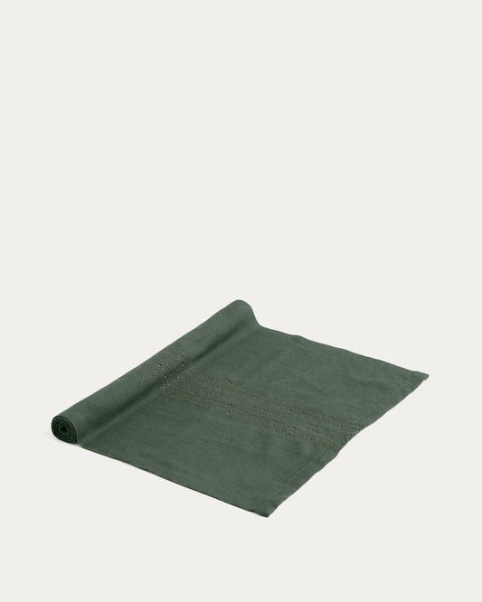 Chemin de table Flia en lin et coton vert, avec broderie en lurex vert 50 x 150 cm.