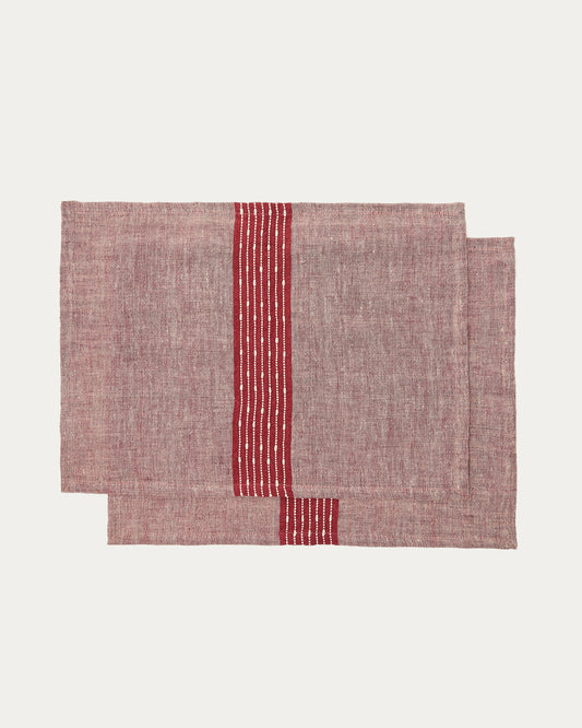 Lot de 2 sets de table Calena en jacquard lin avec bande centrale rouge 35 x 50 cm