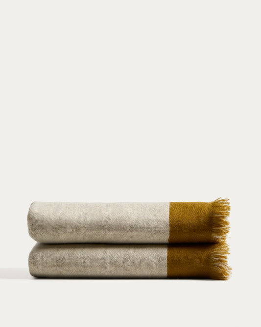 Couverture Orlet réversible en laine moutarde et beige 130 x 170 cm