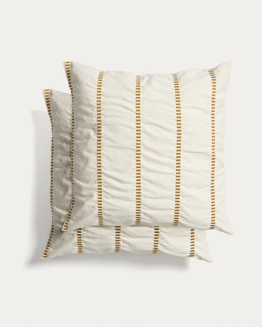 Ensemble Lidala de 2 housses de coussin 100 % coton jacquard rayures moutarde 50 x 50 cm