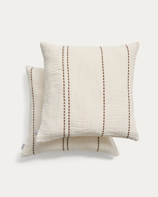 Ensemble Siloda de 2 housses de coussin en double gaze de coton à rayures beiges 50 x 50 cm