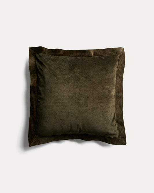 Housse de coussin Ladira en velours avec bordure et détail brodé de couleur verte 45 x 45 cm
