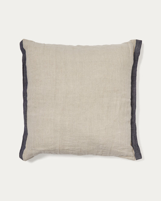 Housse de coussin Suerta 100 % lin beige et bleue 50 x 50 cm