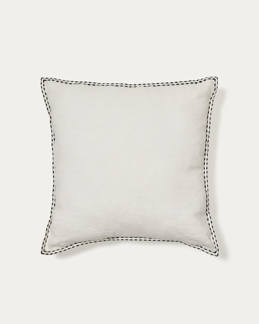 Housse de coussin Sinet en lin blanc avec broderie noire 45 x 45 cm