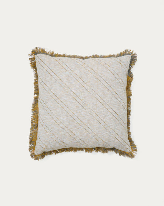 Housse de coussin Cral jacquard coton beige avec franges multicolores 45 x 45 cm