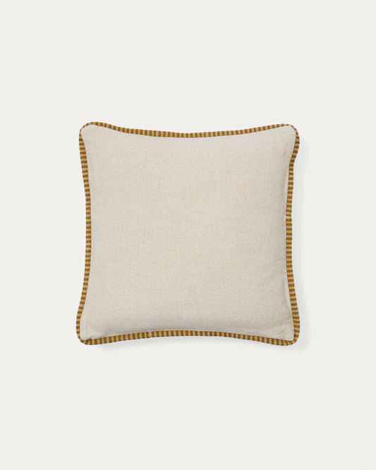 Housse de coussin Ardit lin et coton beige avec rayure contrastée brodée moutarde 45x45 cm