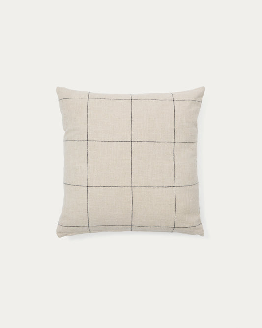 Housse de coussin Ayame en lin et coton à carreaux beige avec broderie noire 45 x 45 cm