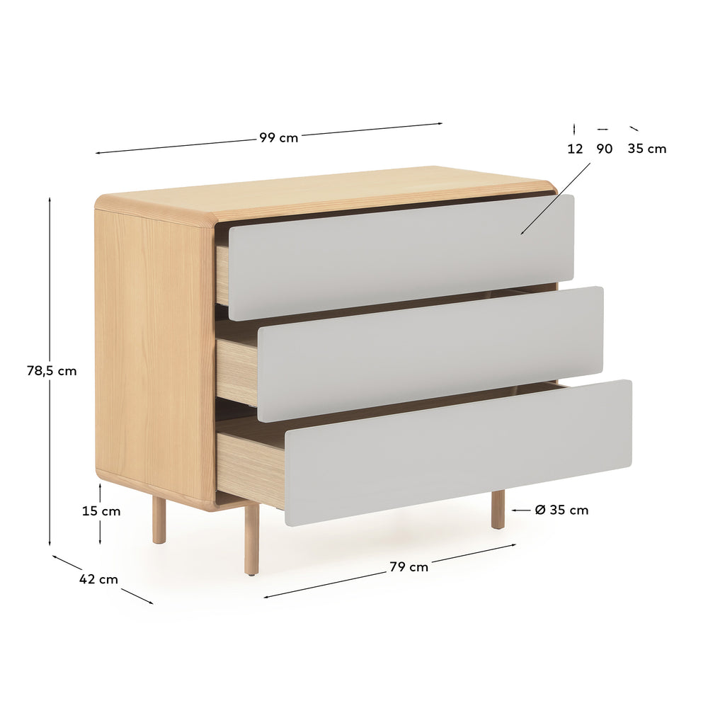 Commode Anielle de 3 tiroirs en bois et placage de frêne 99 x 78,5 cm