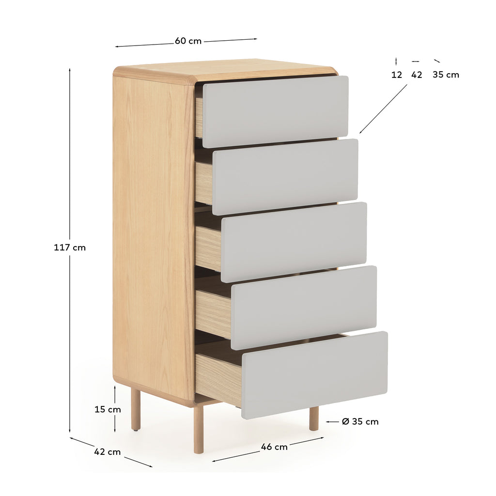 Commode Anielle de 5 tiroirs en bois et placage de frêne 60 x 117 cm