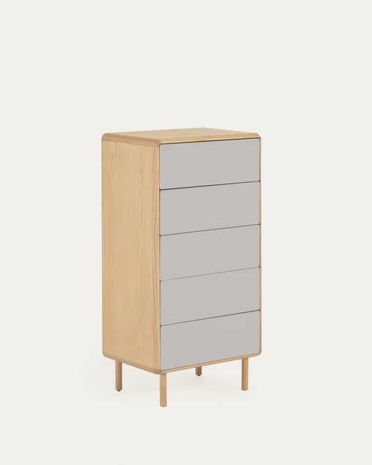 Commode Anielle de 5 tiroirs en bois et placage de frêne 60 x 117 cm