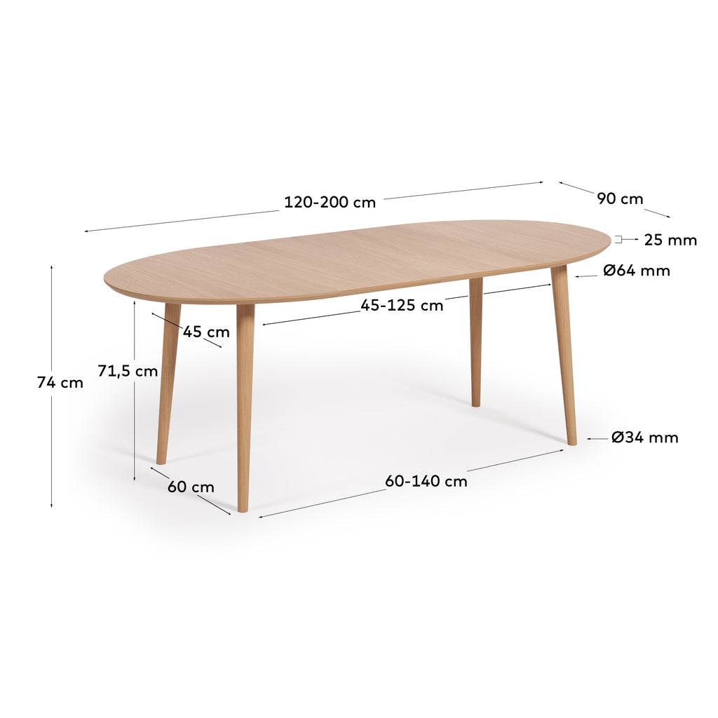 Table extensible Oqui ovale placage de chêne et pieds en bois Ø 120 (200) x 90 cm