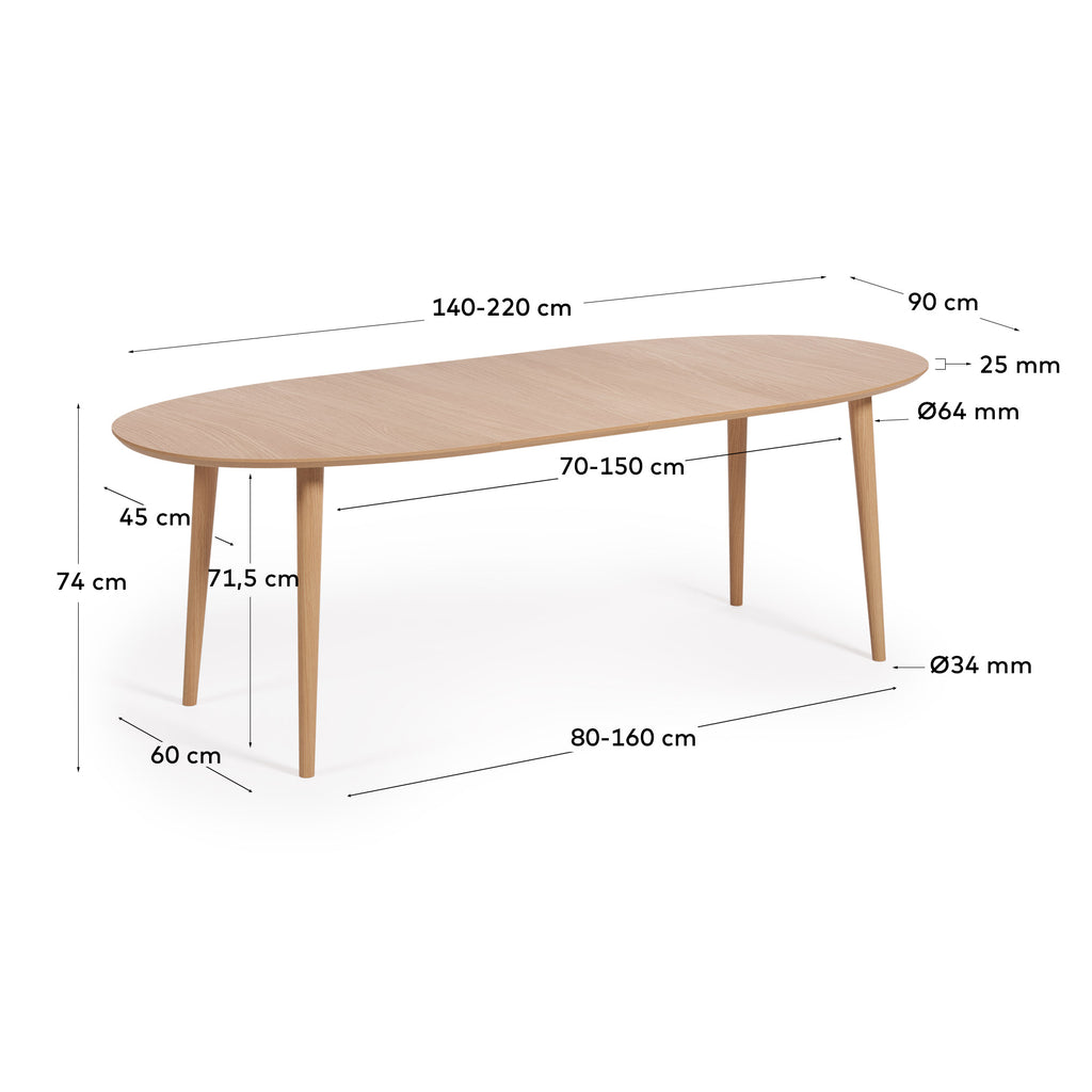Table extensible Oqui ovale en placage de chêne et pieds en bois Ø140 (220) x 90 cm