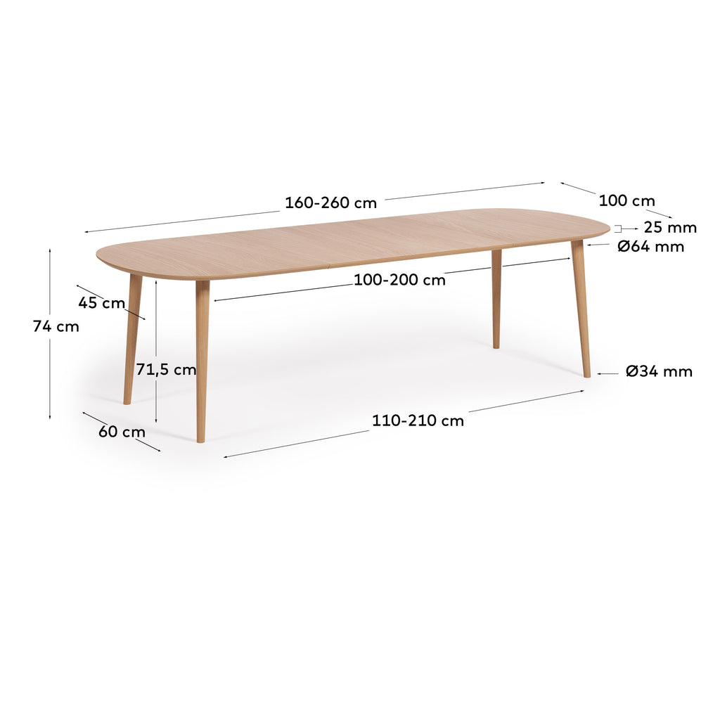 Table extensible Oqui MDF placage chêne et pieds en bois 160(260)x100 cm