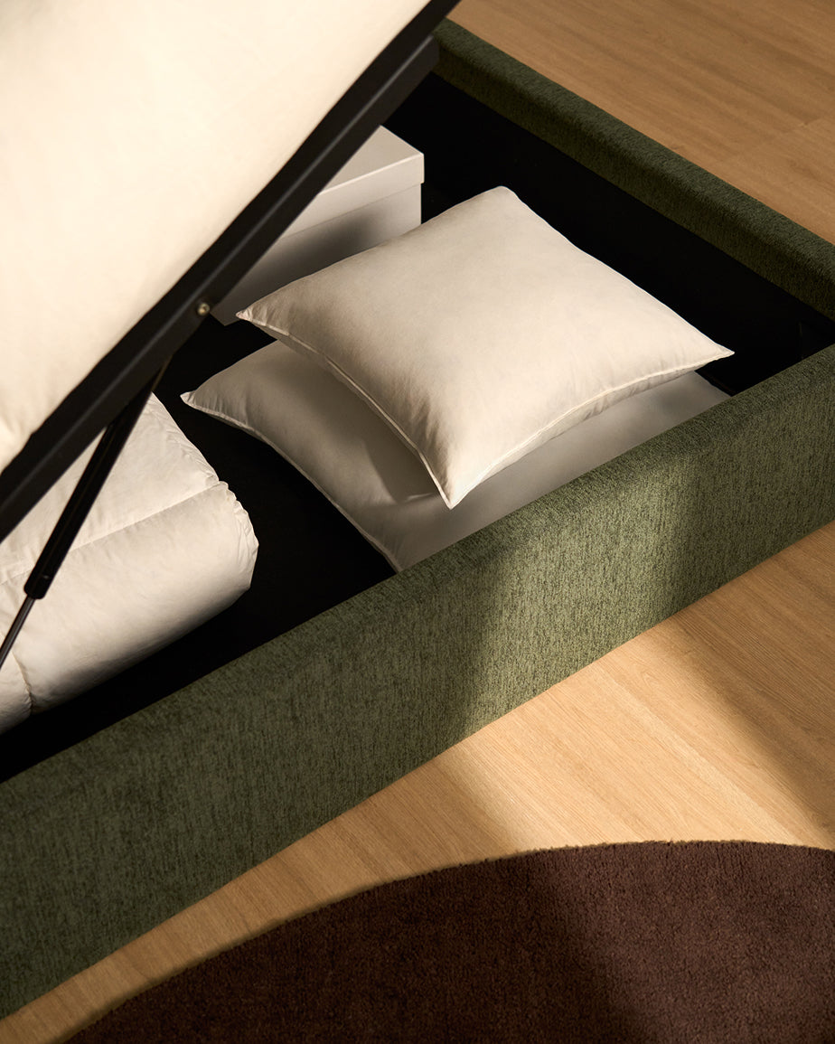 Darnela moss green chenille bed with folding storage base for 160 x 200cm mattress